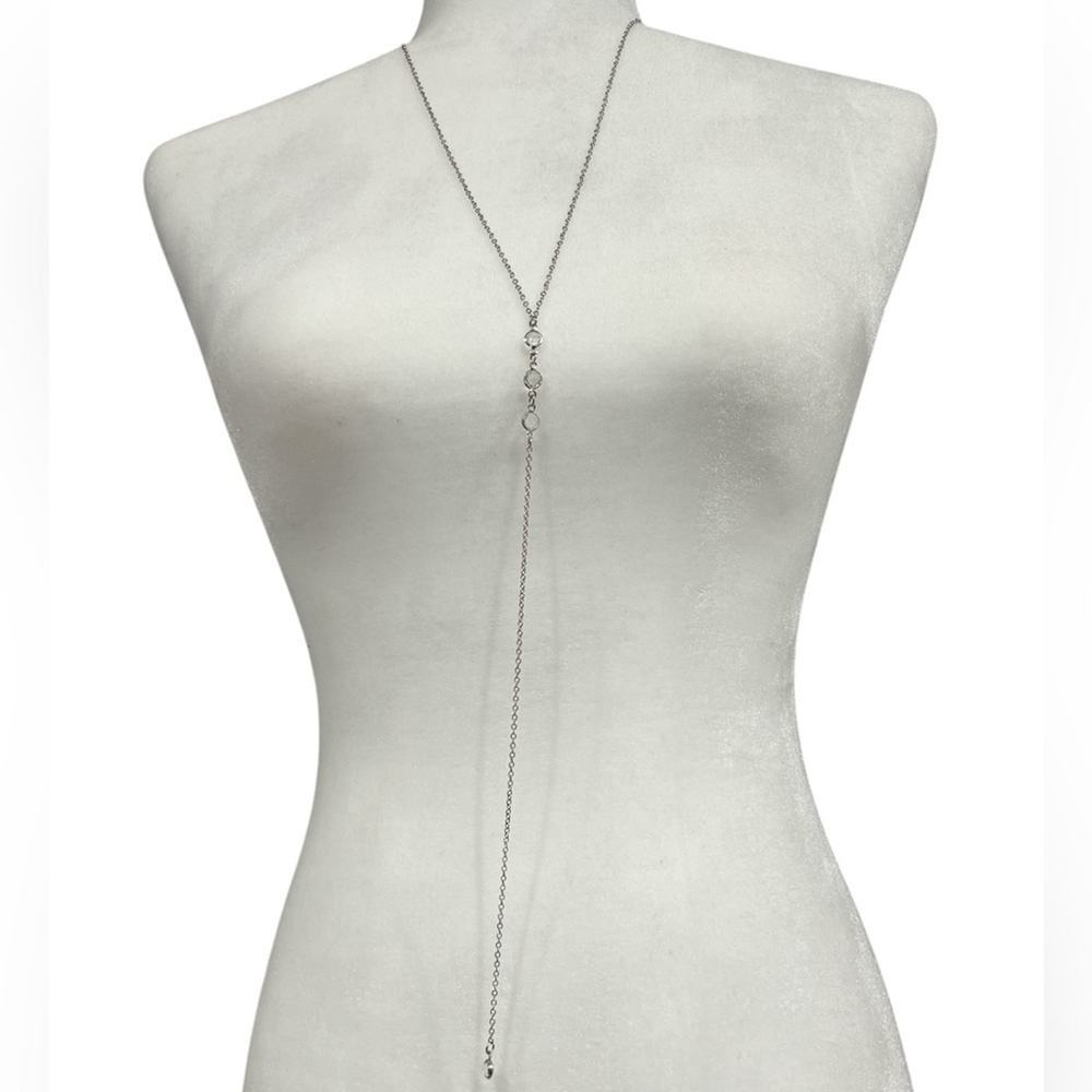 women’s long silver tone y neck necklace with clear crystals 26”